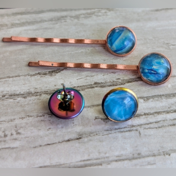 Blue and Copper Hair Pins and Earrings Set - Picture 2 of 2